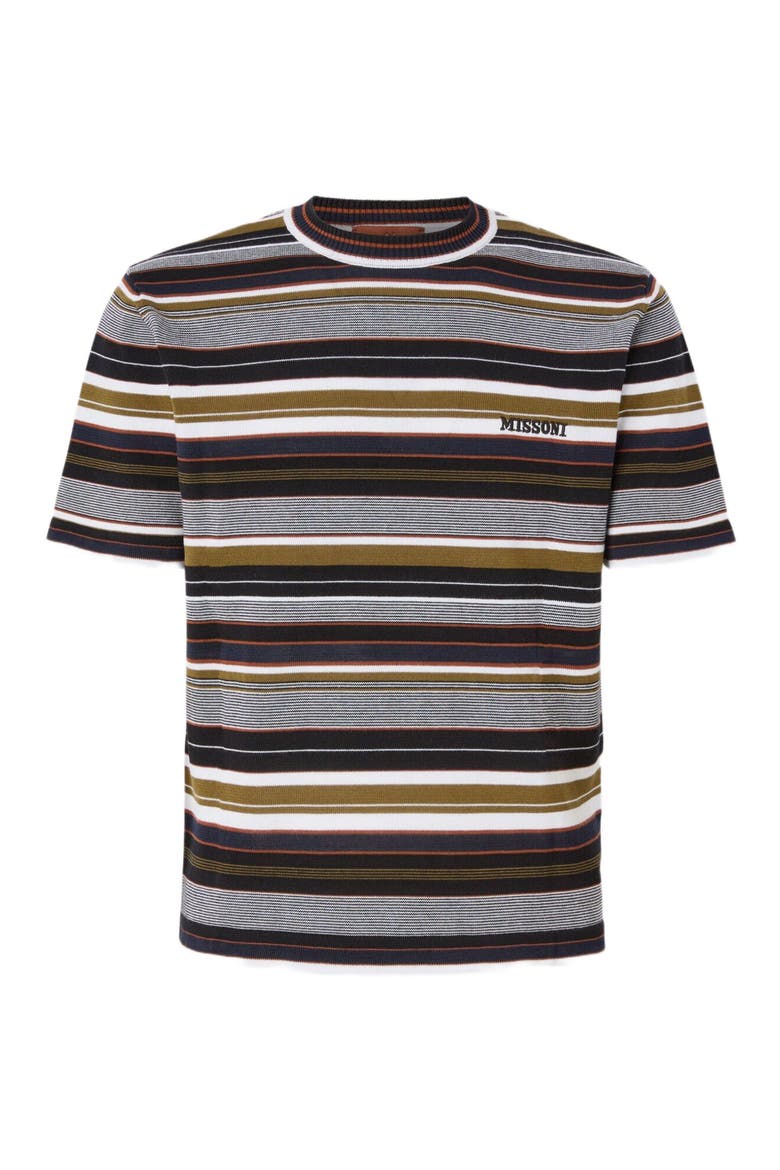 Striped Crew-neck Cotton T-shirt With Embroidered Logo Lettering, Alternate, color, Beige& Grey