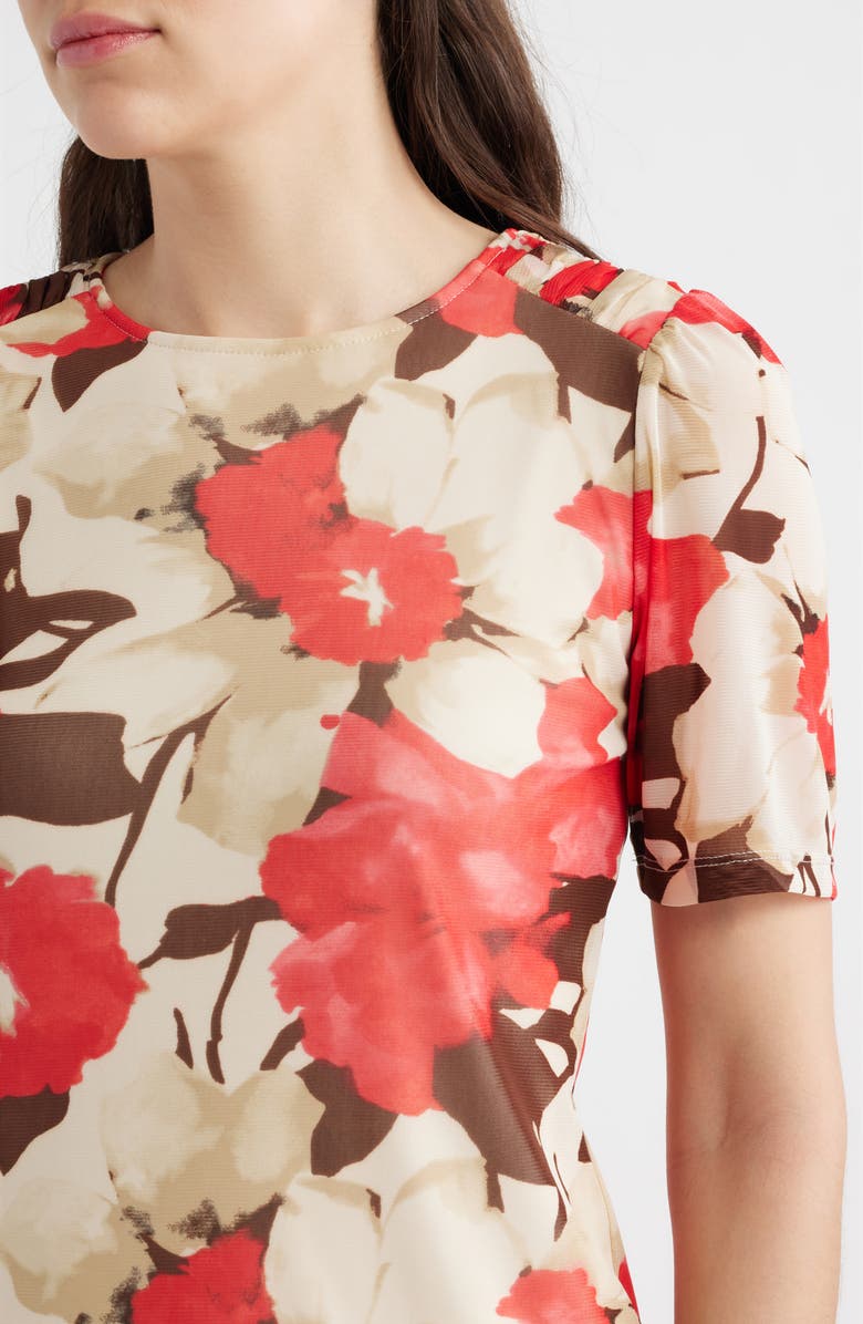 Anne Klein Floral Print Ruched Sleeve Top, Alternate, color, White Dove Multi