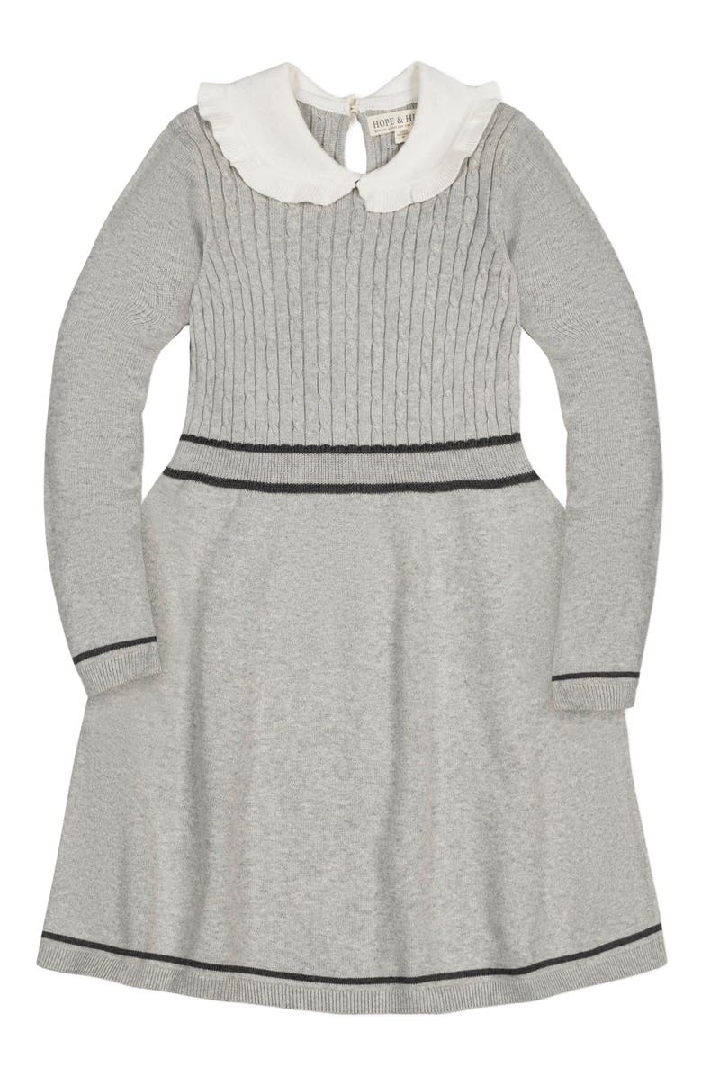 Hope & Henry Baby Girls' Organic Peter Pan Collar Sweater Dress, Infant, Main, color, Gray Heather Cable
