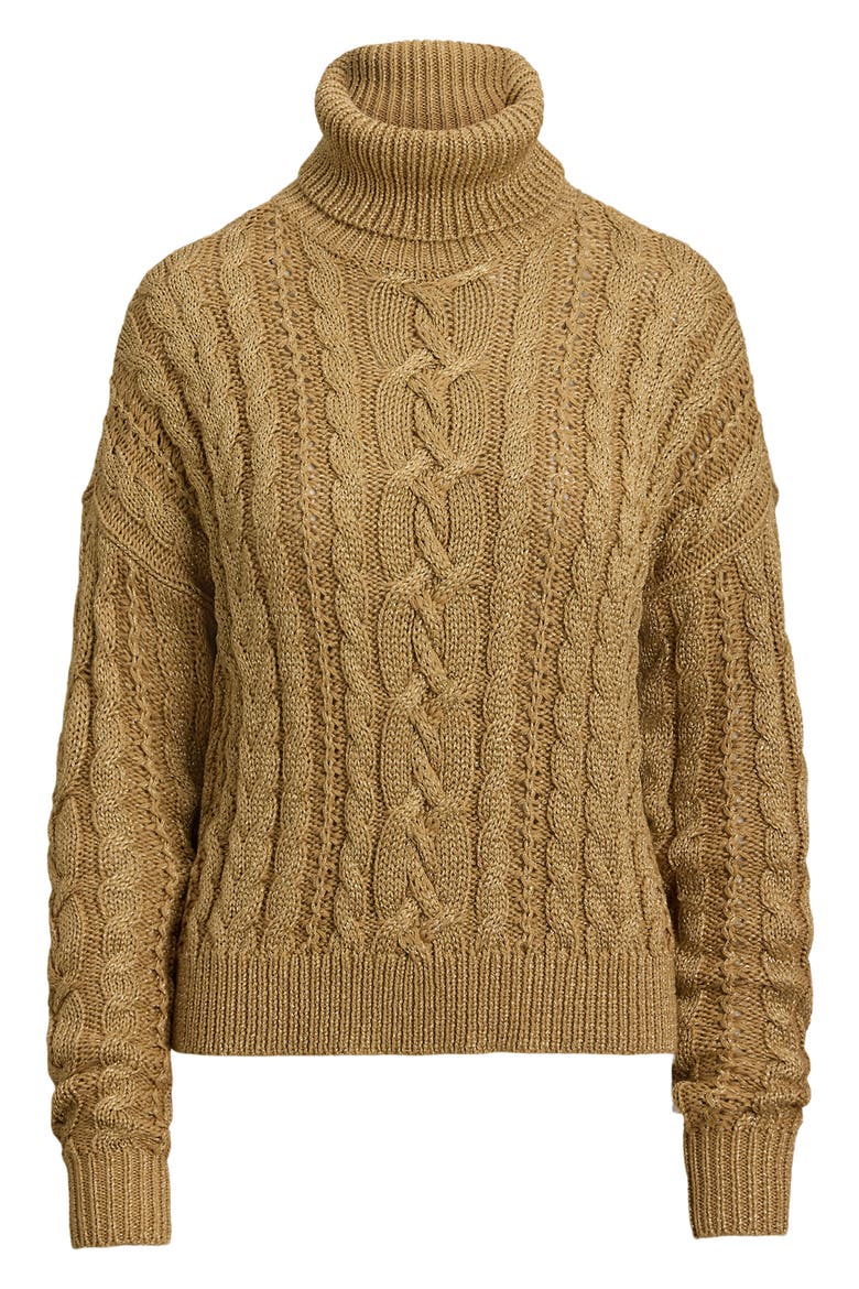 Metallic Turtlenrck Cable Knit Sweater, Alternate, color, RELIC GOLD METALLIC