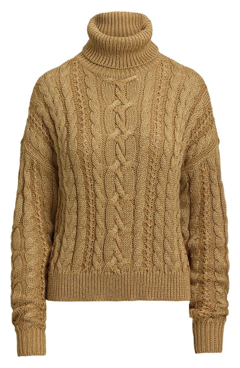 Lauren Ralph Lauren Metallic Turtlenrck Cable Knit Sweater, Alternate, color, Relic Gold Metallic