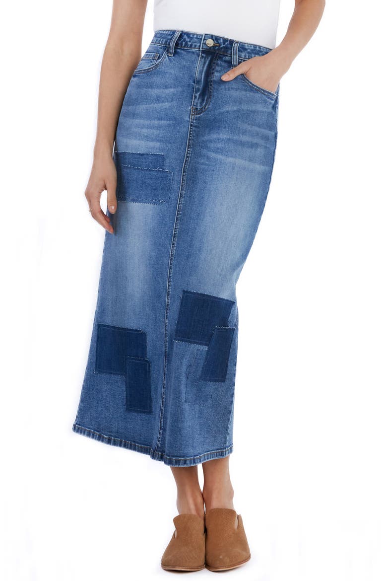 Retro Patchwork Denim Midi Skirt, Main, color, PATCH BLUE