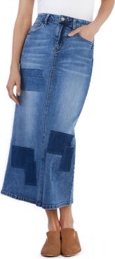 Wash Lab Denim Retro Patchwork Denim Midi Skirt