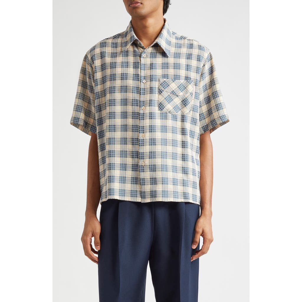 STOCKHOLM SURFBOARD CLUB Jerry Oversize Plaid Short Sleeve Button-Up Shirt in Off White And Blue
