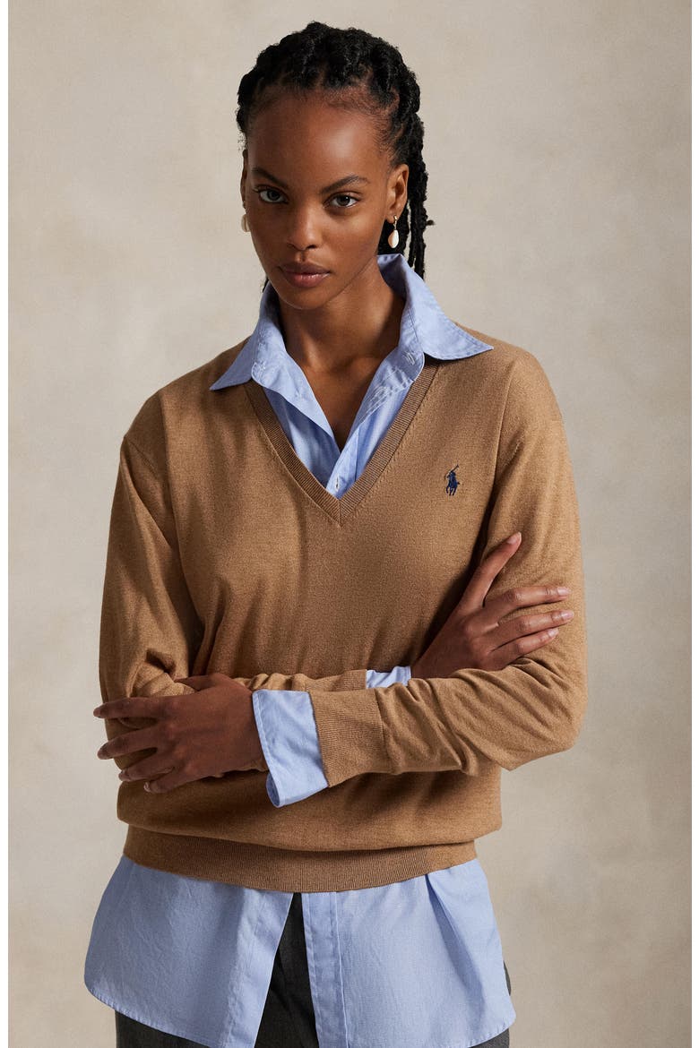Relaxed Cotton V-Neck Sweater, Alternate, color, COLLECTION CAMEL MELANGE