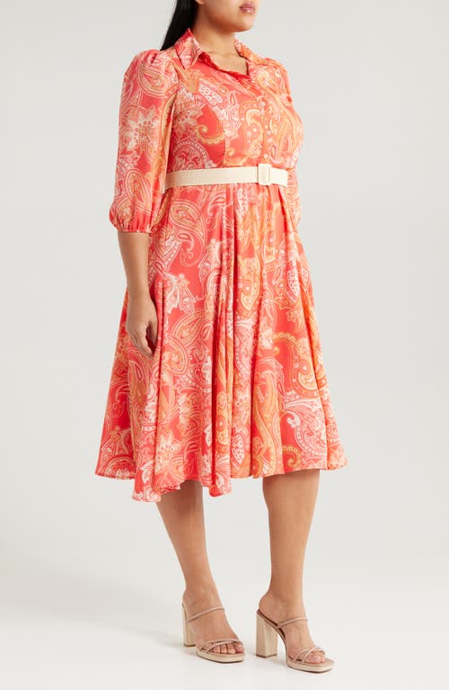 Tahari Asl Paisley Belted Fit & Flare Shirtdress In Coral Paisley
