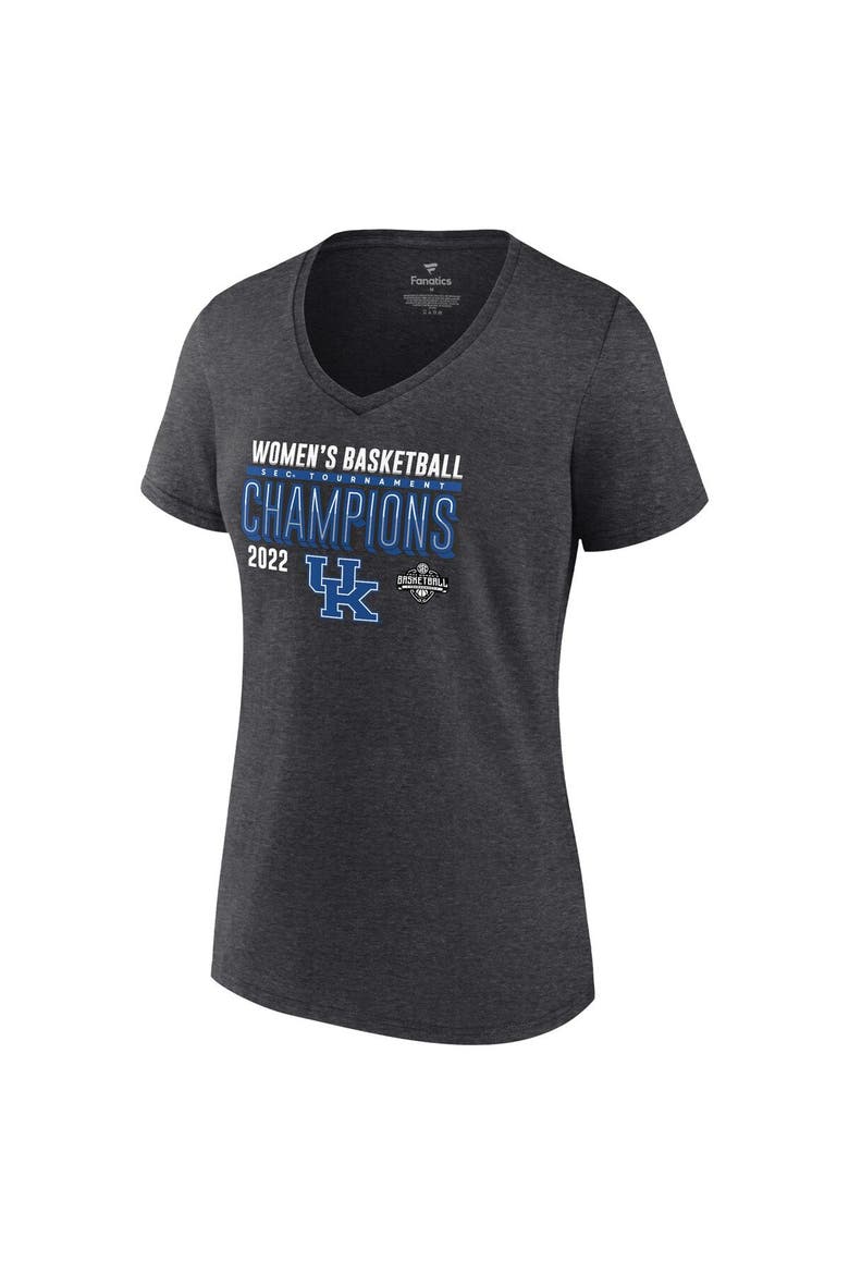 Women's Fanatics Branded Heathered Charcoal Kentucky Wildcats 2022 SEC Women's Basketball Conference Tournament Champions Locker Room V-Neck T-Shirt, Alternate, color, Heather Charcoal