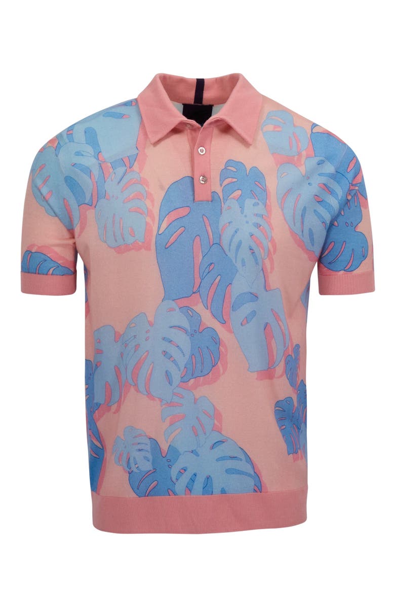 Lords of Harlech Monstera Floral Mens Merino Silk Cashmere Polo, Alternate, color, Monstera Floral Coral