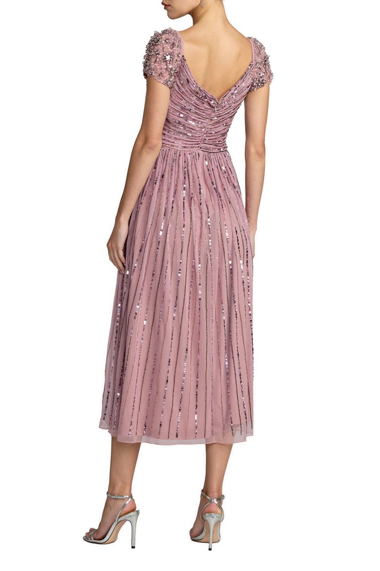 Beaded Sequin V Neck Cap Sleeve Midi Dress, Alternate, color, Vintage Lilac