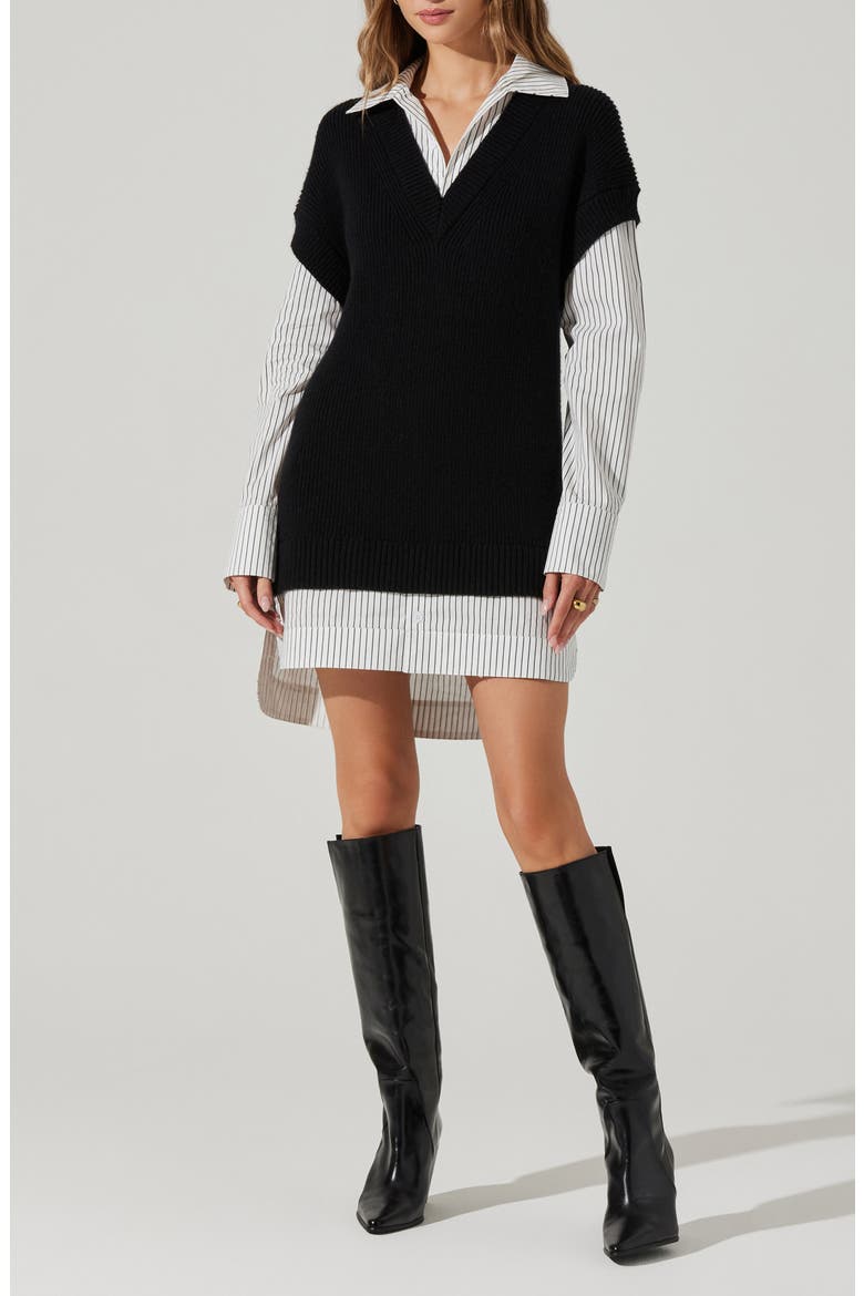 Ishilly Layered Long Sleeve Sweater Shirtdress, Main, color, BLACK WHIT