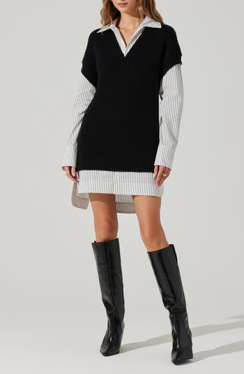 Ishilly Layered Long Sleeve Sweater Shirtdress