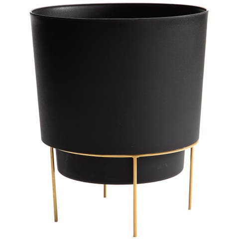 6 Inch Hopson Round Planter with Gold Metal Stand, Black