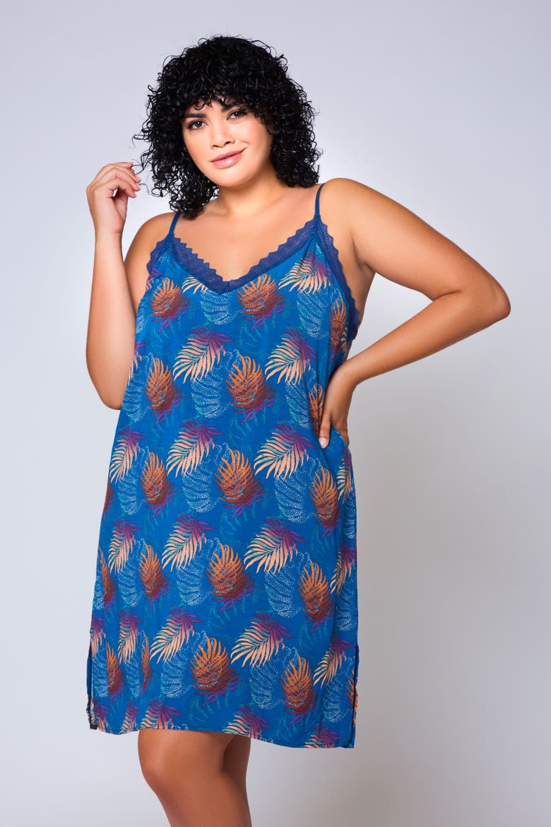 Lace Trim Viscose Chemise with Adjustable Straps, Alternate, color, Navy-Blue