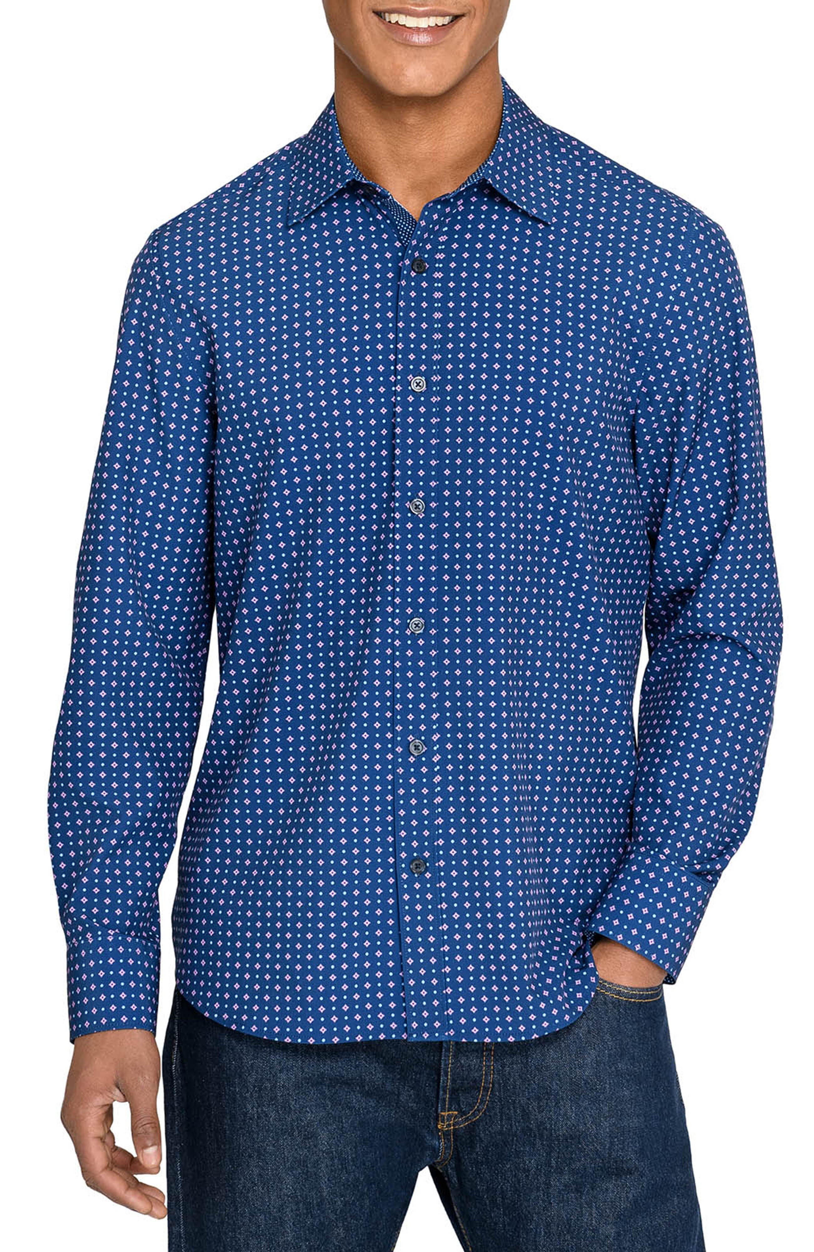 Construct Slim Fit Diamond Dot Performance Long Sleeve Shirt In Blue