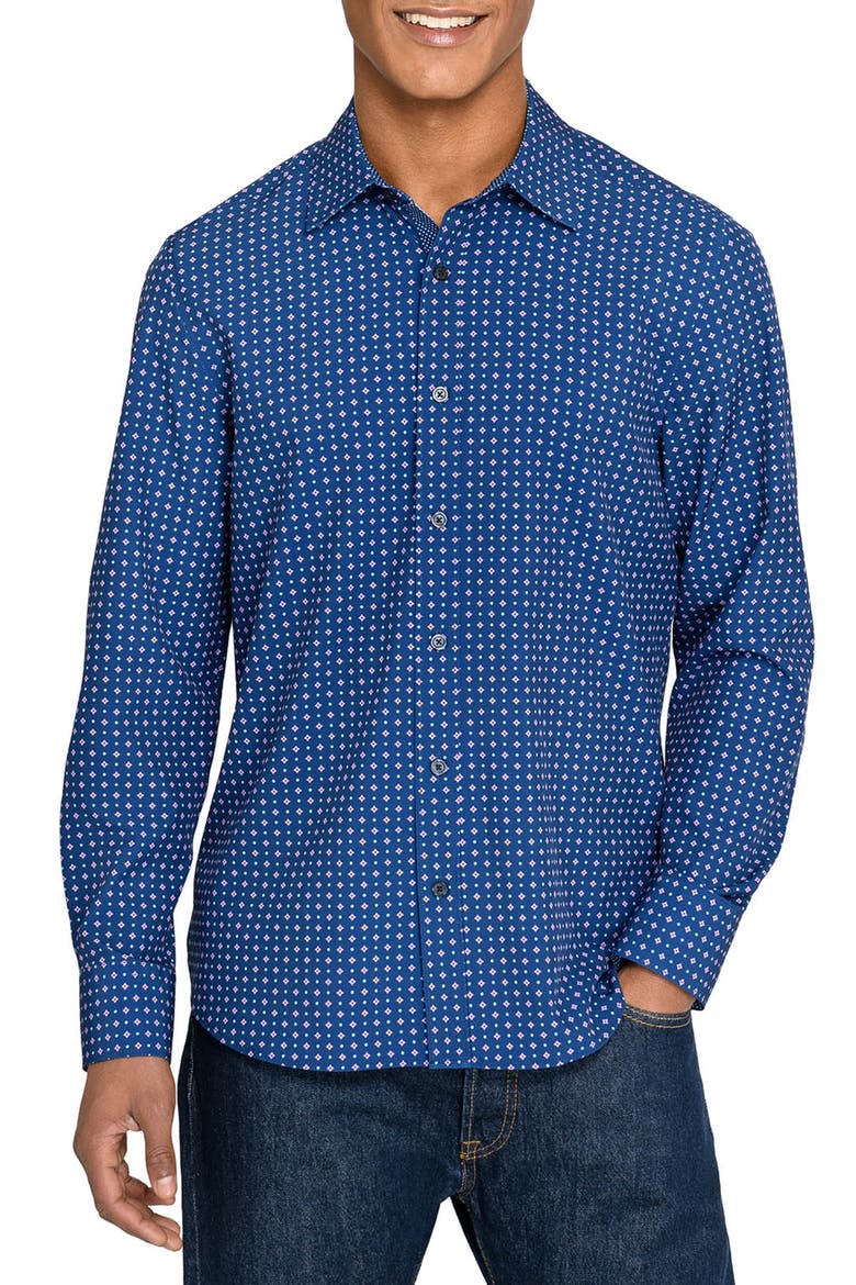 Slim Fit Diamond Dot Performance Long Sleeve Shirt, Main, color, NAVY/PURPLE