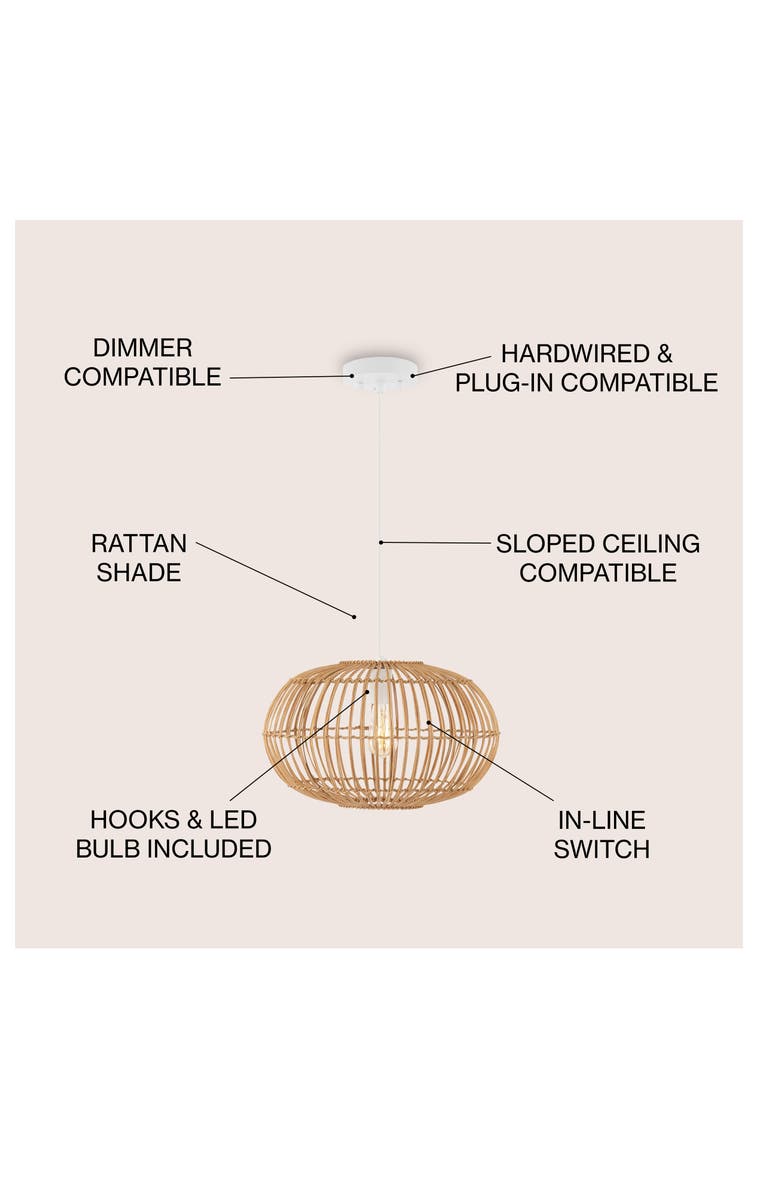 JONATHAN Y Leo 1-Light Farmhouse Coastal Rattan 180" Cord Plug-In or Hardwired LED Pendant, Alternate, color, 