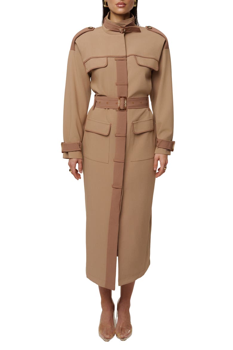 ICON BELTED MIDI DRESS, Main, color, BEIGE