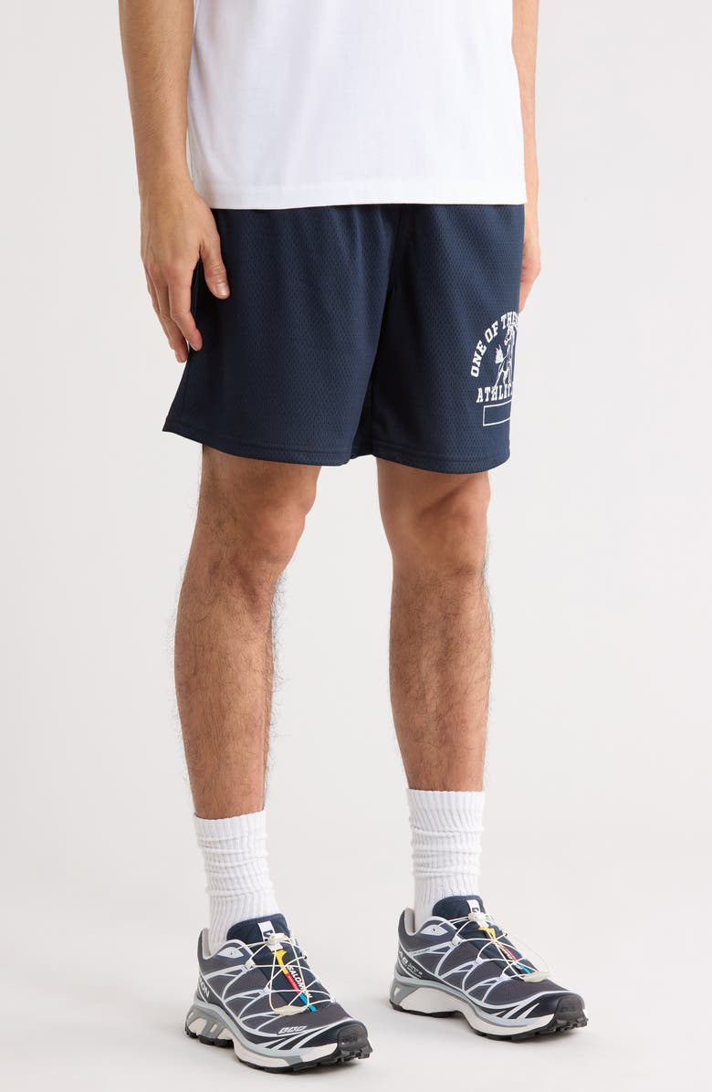 ONE OF THESE DAYS Mustang Athletics Mesh Drawstring Shorts, Alternate, color, Navy