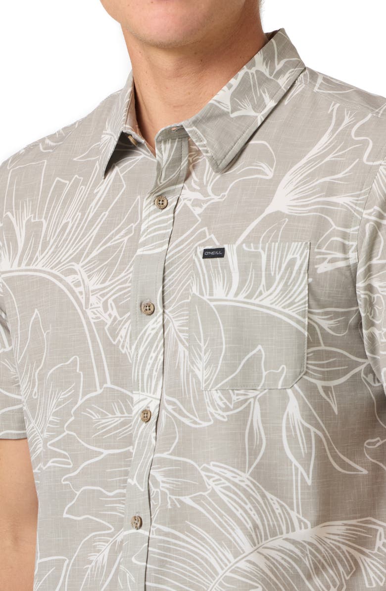 O'Neill TRVLR UPF Traverse Floral Short Sleeve Performance Button-Up Shirt, Alternate, color, Khaki