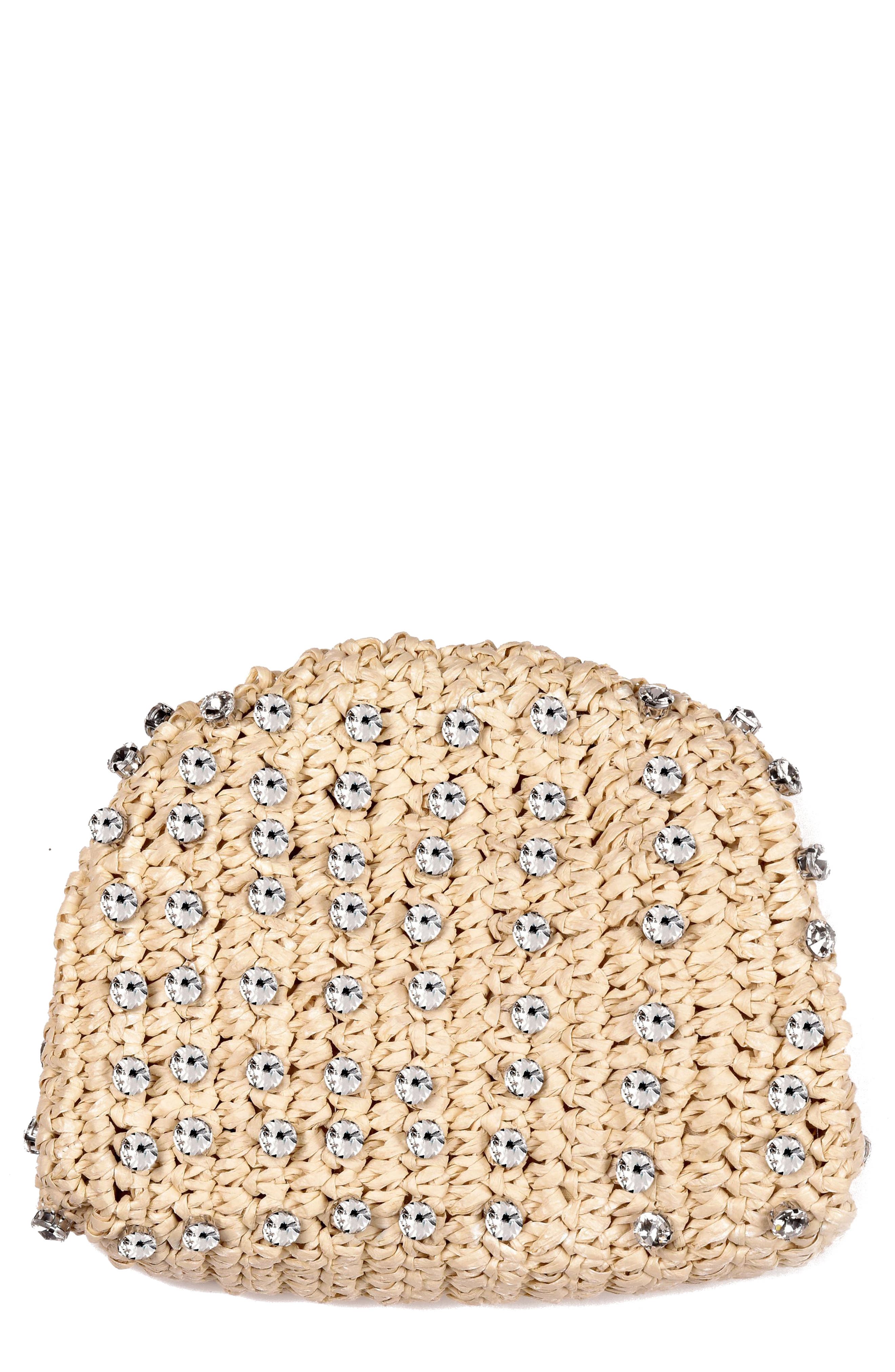 Adornia Crystal Embellished Raffia Clutch, Main, color, Tan