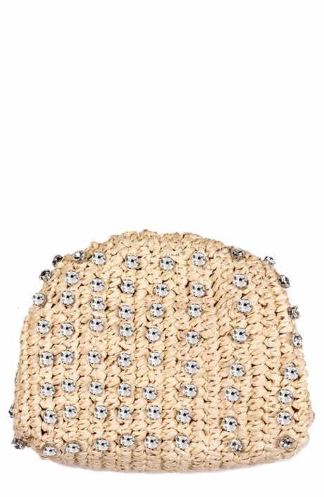 Adornia Crystal Embellished Raffia Clutch