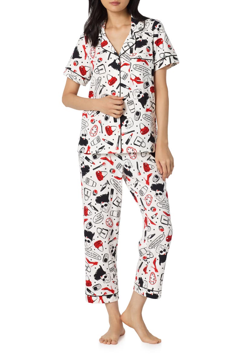 Print Stretch Organic Cotton Crop Pajamas, Main, color, DEVIL WEARS PRADA