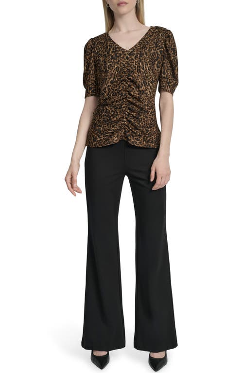 Dkny Print Ruched Puff Sleeve Top In Brown