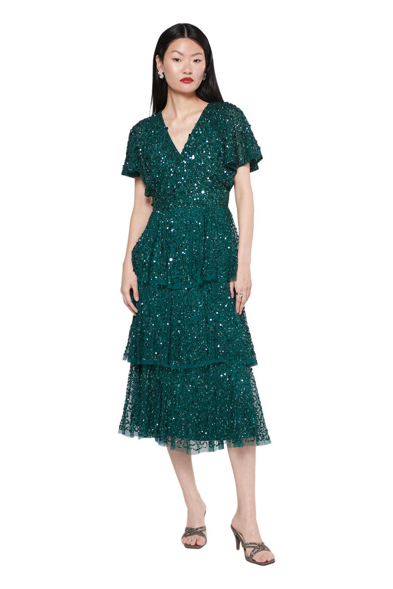 Occasion Embellished Sequin Beaded Short Sleeves Evening Midi Dress, Main, color, EMERALD GREEN