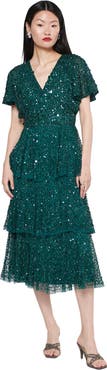 BEAUUT Occasion Embellished Sequin Beaded Short Sleeves Evening Midi Dress