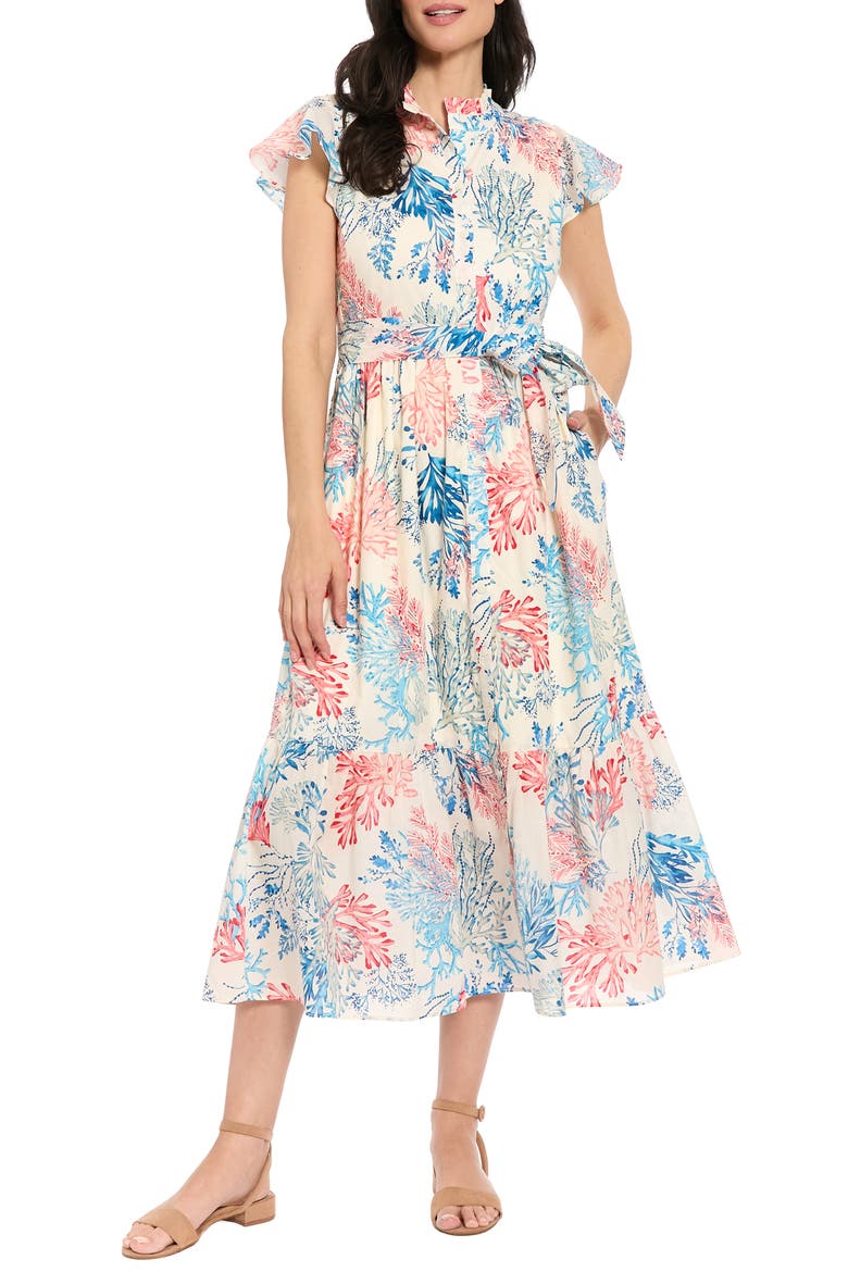 Ruffle Neck Flutter Sleeve Maxi Dress, Main, color, IVORY/ CORAL