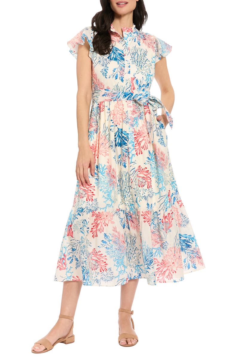 London Times Ruffle Neck Flutter Sleeve Maxi Dress, Main, color, Ivory/ Coral