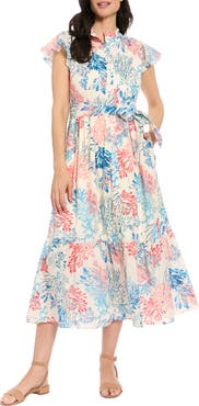 London Times Ruffle Neck Flutter Sleeve Maxi Dress