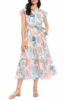 London Times Ruffle Neck Flutter Sleeve Maxi Dress