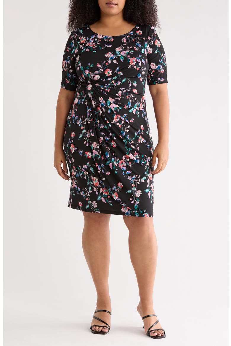 Floral Gathered Midi Dress, Main, color, BLACK