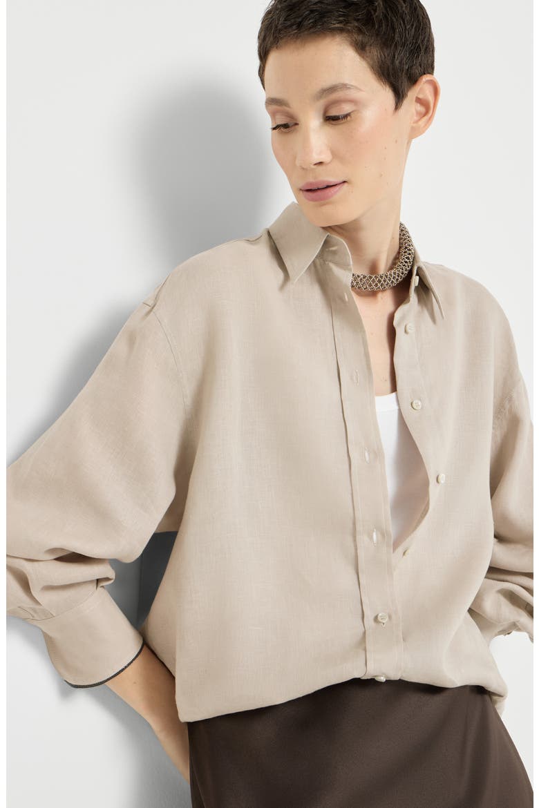 Linen shirt with monili, Alternate, color, Beige