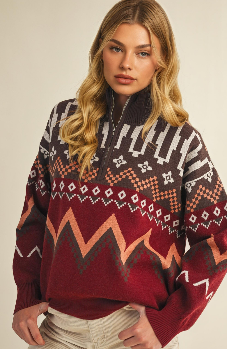 Knit and Lounge Half-Zip Geometric Sweater, Alternate, color, Rust / Terracotta
