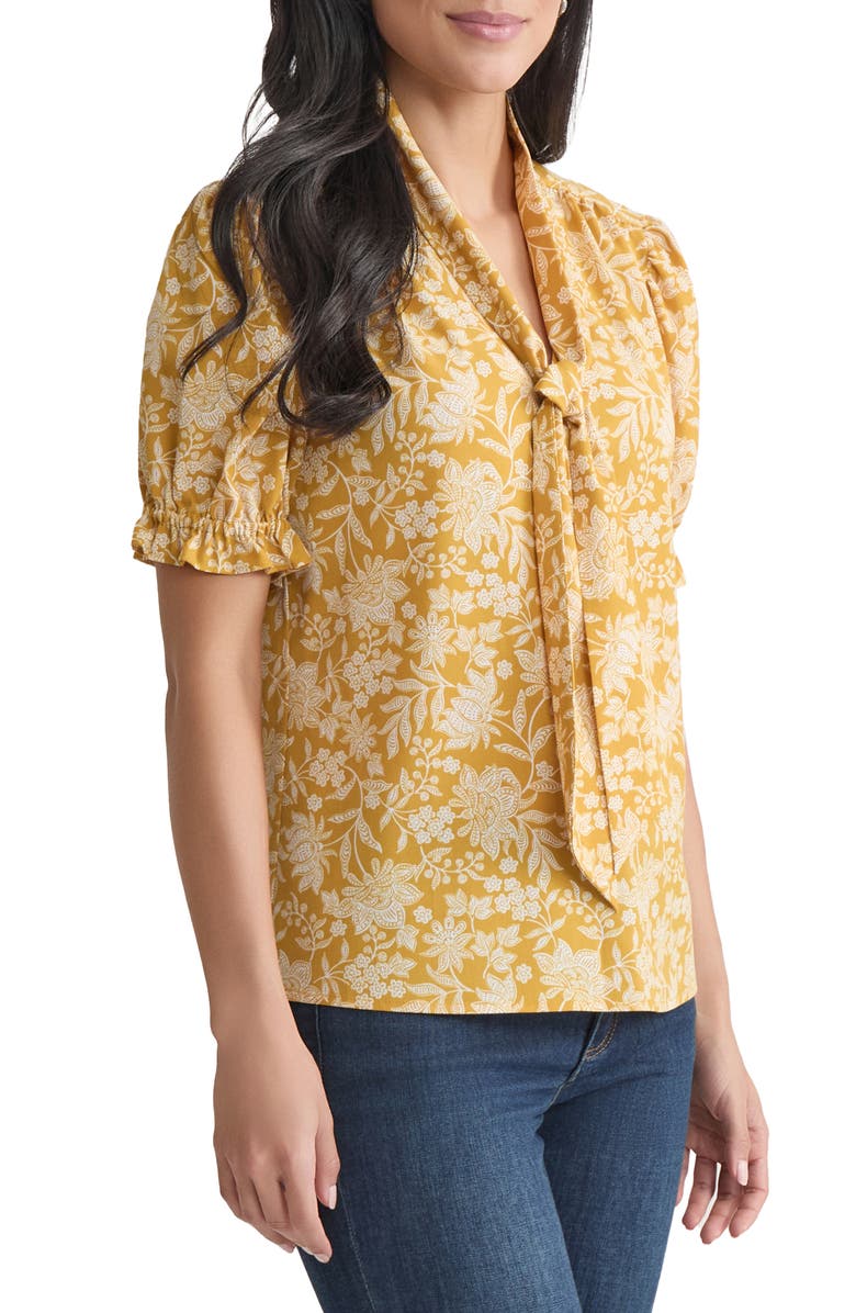 Jones New York Tie Neck Puff Sleeve Top, Alternate, color, Jonagold/ Jones White