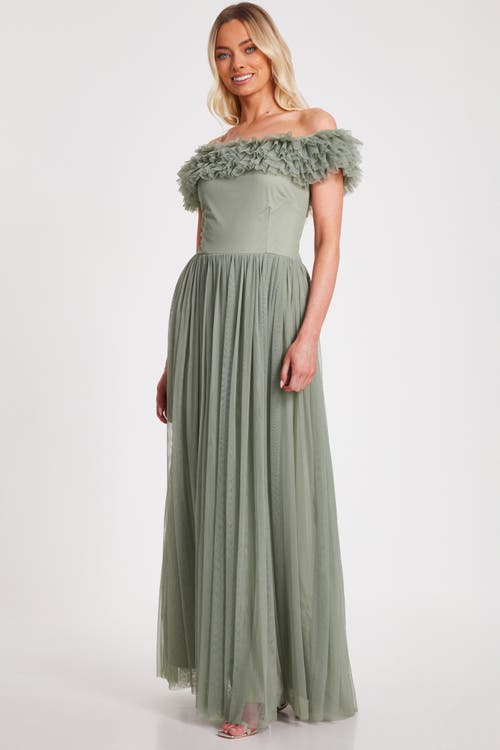 Quiz Mesh Ruffle Bardot Maxi Dress In Sage