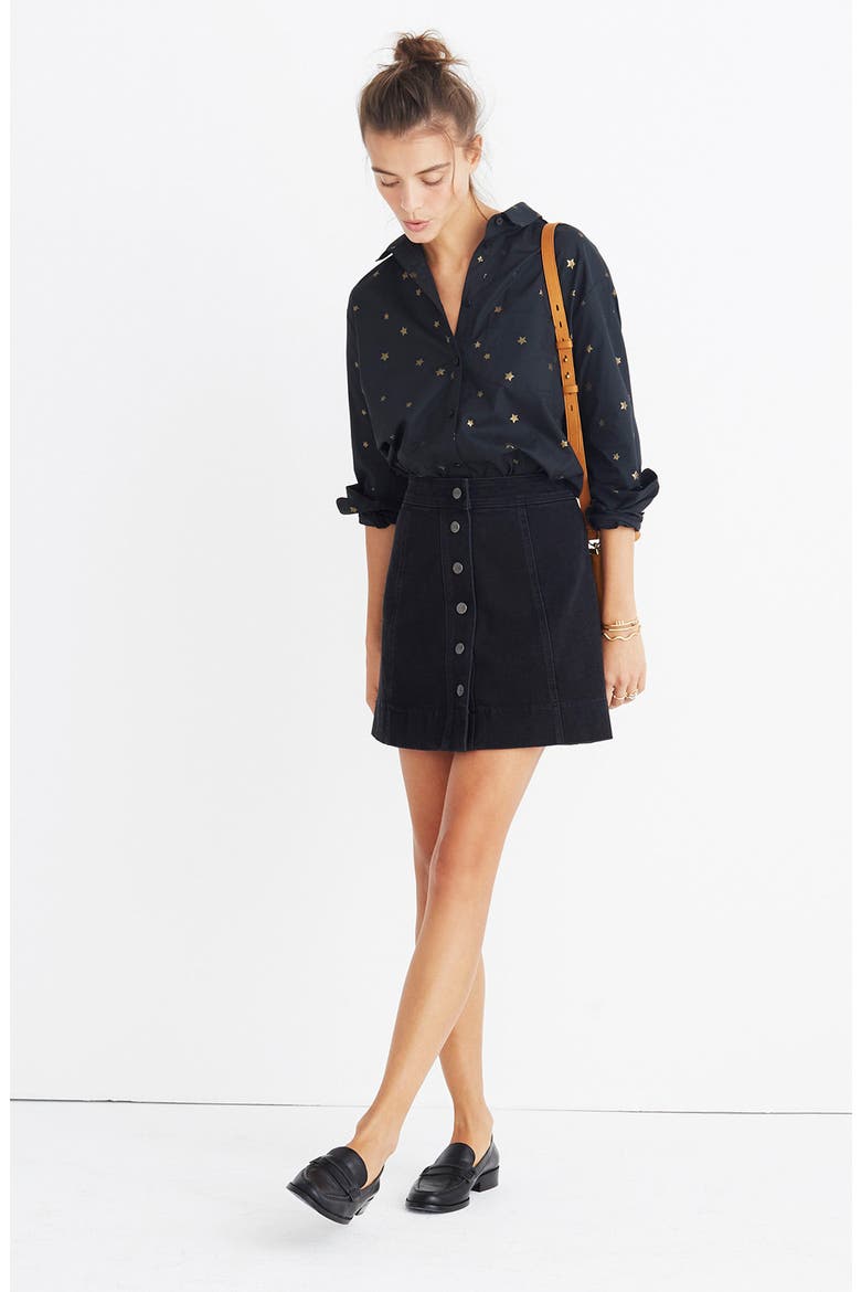 Metropolis Snap Front Denim Miniskirt, Alternate, color, RAWLEY WASH