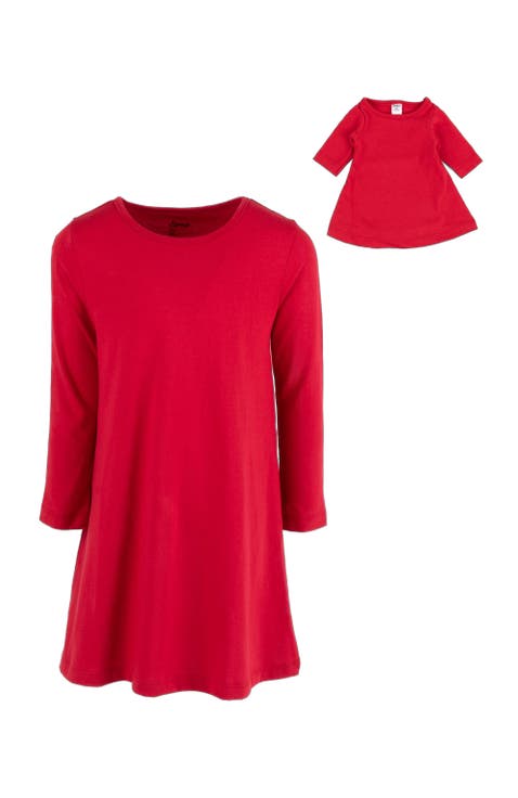 Girls Cotton Dress with Matching Doll Dress, Printed Design