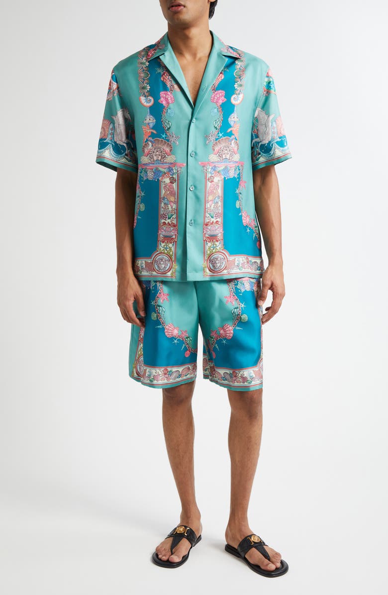 Versace Coral Theatre Silk Shorts, Alternate, color, Sea Green Dark Sea Green