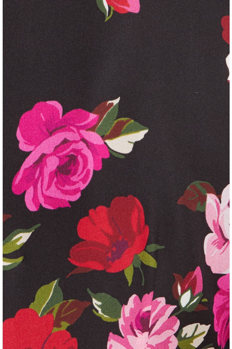 scattered rose velvet trim silk dress, Alternate, color, BLACK MULTI