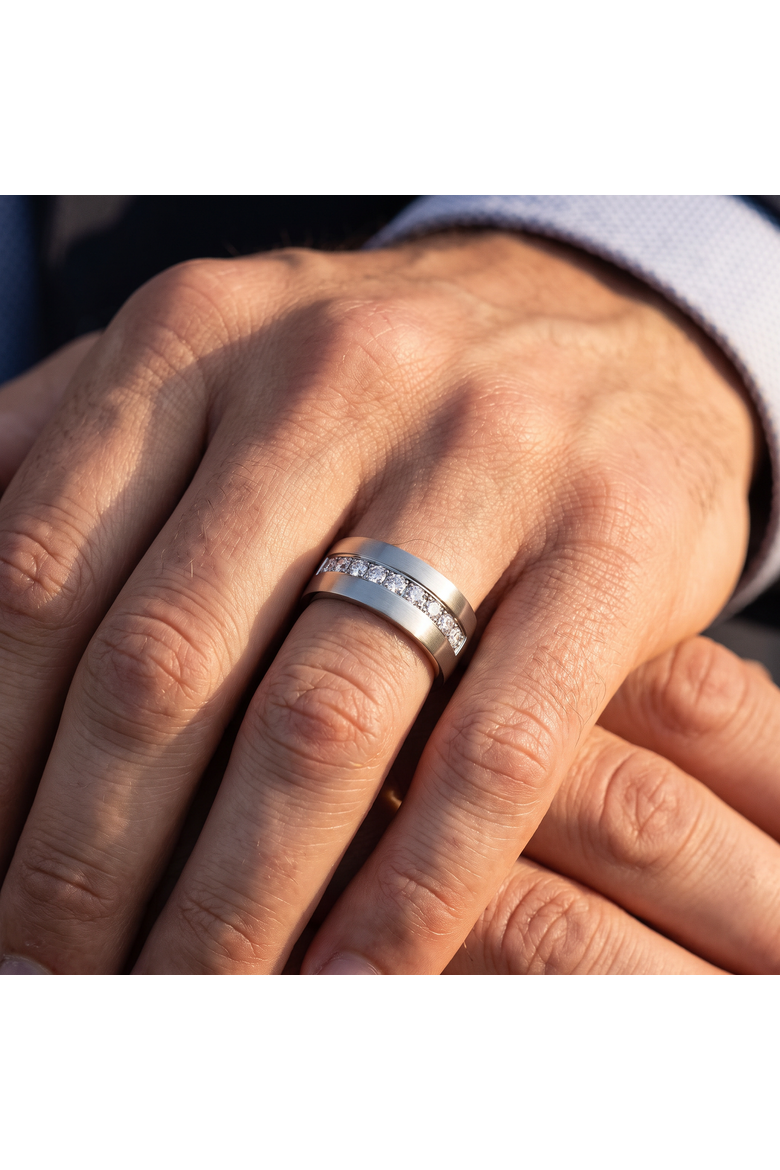 Men's 5/8ct Diamond 8mm Comfort Fit Ring Low Dome Titanium Wedding Band, Alternate, color, Titanium