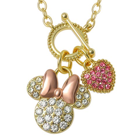 Minnie Mouse Necklace 16" + 2", Gold Tone, Clear and Pink Crystals