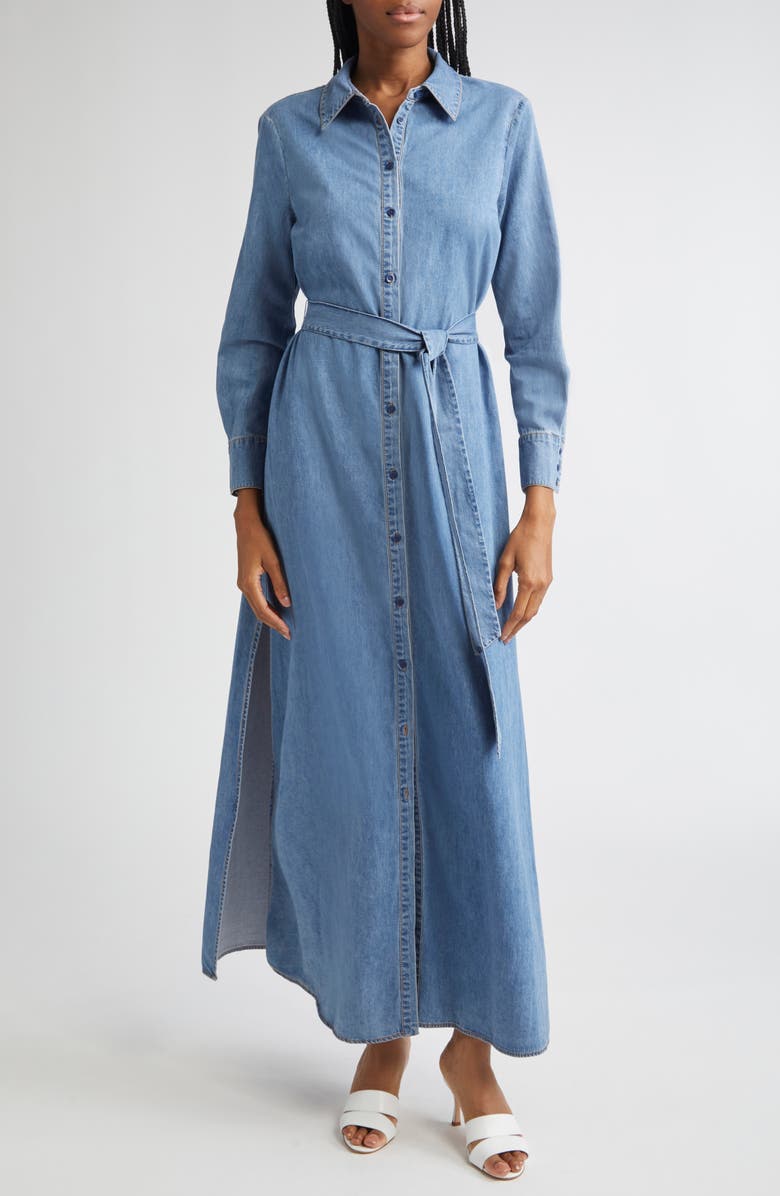 Alice + Olivia Chassidy Denim Maxi Shirtdress, Main, color, 