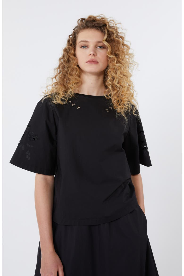 Targa Eyelet Cotton Poplin & Jersey Crop Top, Alternate, color, BLACK