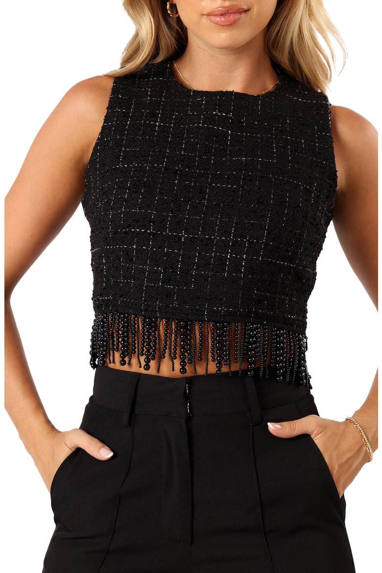 Milana Tweed Bead Fringe Sleeveless Top, Main, color, BLACK