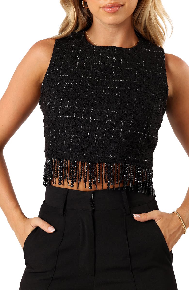 Petal & Pup Milana Tweed Bead Fringe Sleeveless Top, Main, color, Black
