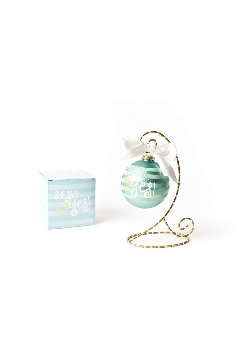 Just Engaged 2 Glass Ornament with Gold and White Stand, Main, color, Blue