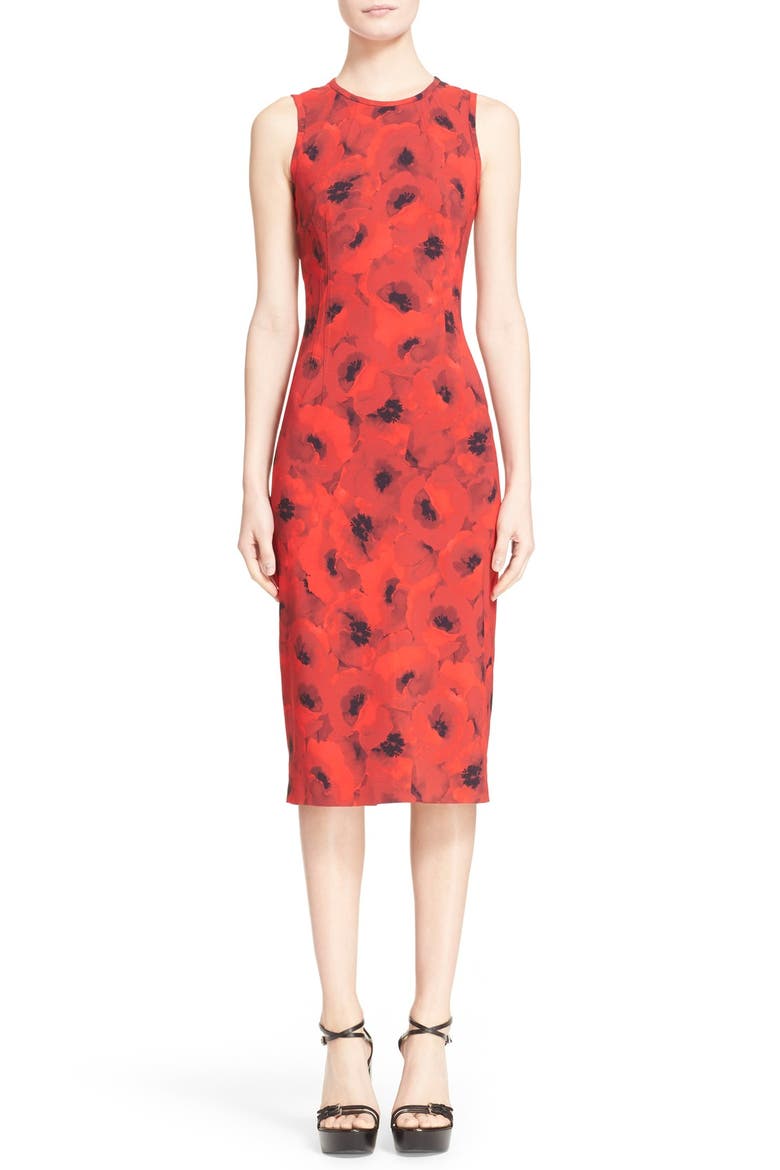 Poppy Print Stretch Jersey Sheath Dress, Main, color, CRIMSON